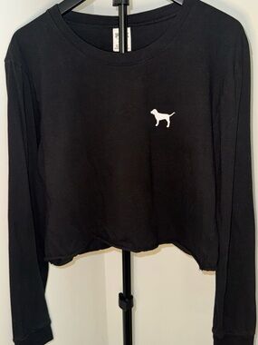 PINK Victoria's Secret Black Cropped Long Sleeve Top with White Dog Logo